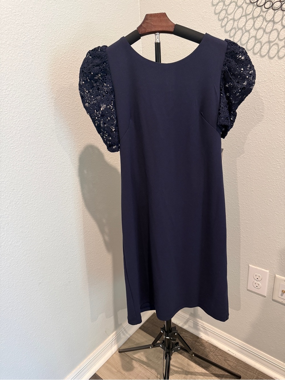 Navy Blue Lace Puff Sleeve Shift Dress
